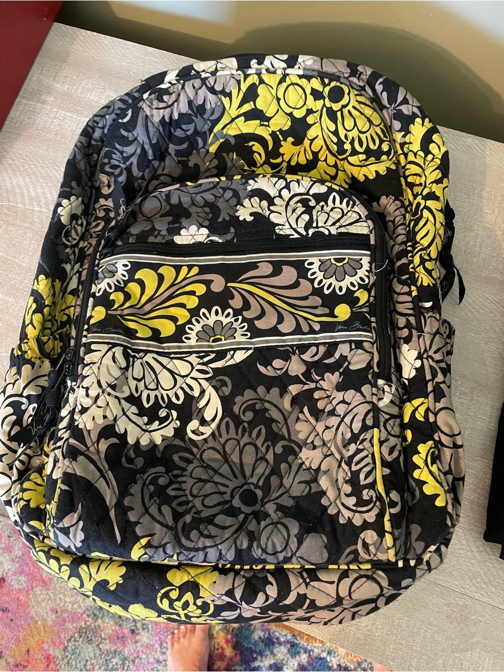 Vera Bradley Black & Yellow Floral Quilted baroque Backpack campus bag